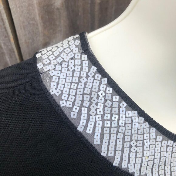 Neil Bieff Black Sequin Blouse Wool 8 Top White Keyhole Vintage Medium - Picture 6 of 8